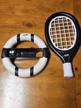 NERF Nintendo Wii Black and White Toy Tennis Racket & Steering Wheel